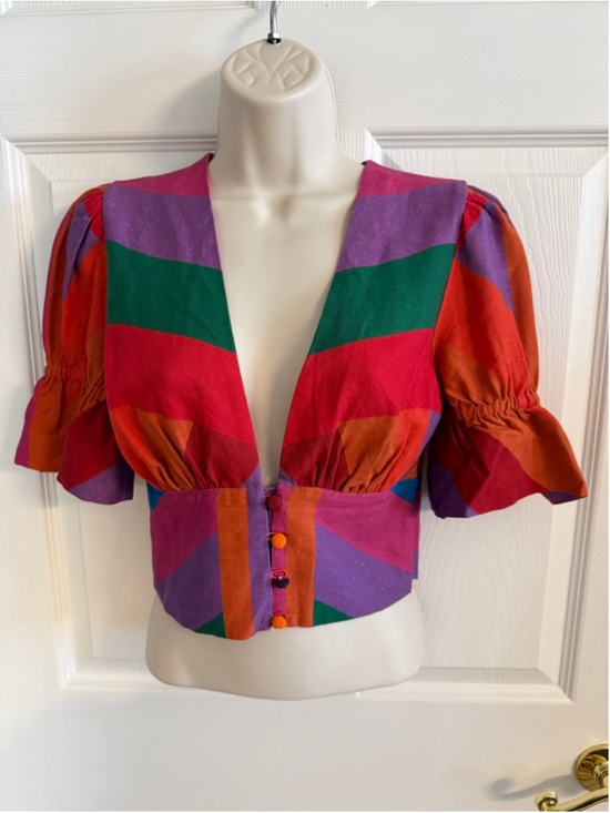 FARM Rio Tops - NWT FARM Rio Amanda Stripes Colorful Puff Sleeve Crop Top XS